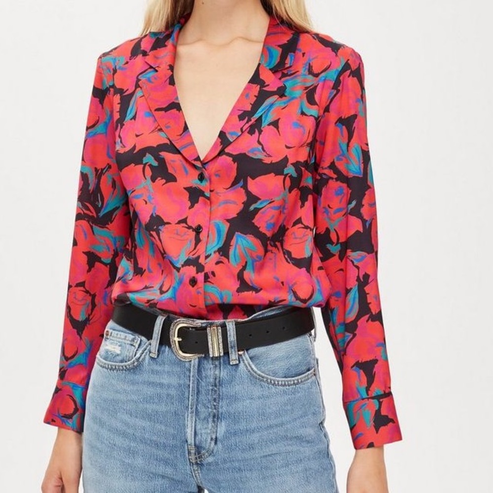 Topshop Vibrant Red and Blue Floral Button-Front Blouse